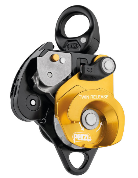 Poulie-bloqueur double réa à flasque ouvrante avec émerillon, débrayable pour systèmes de mouflage - TWIN RELEASE - PETZL®
